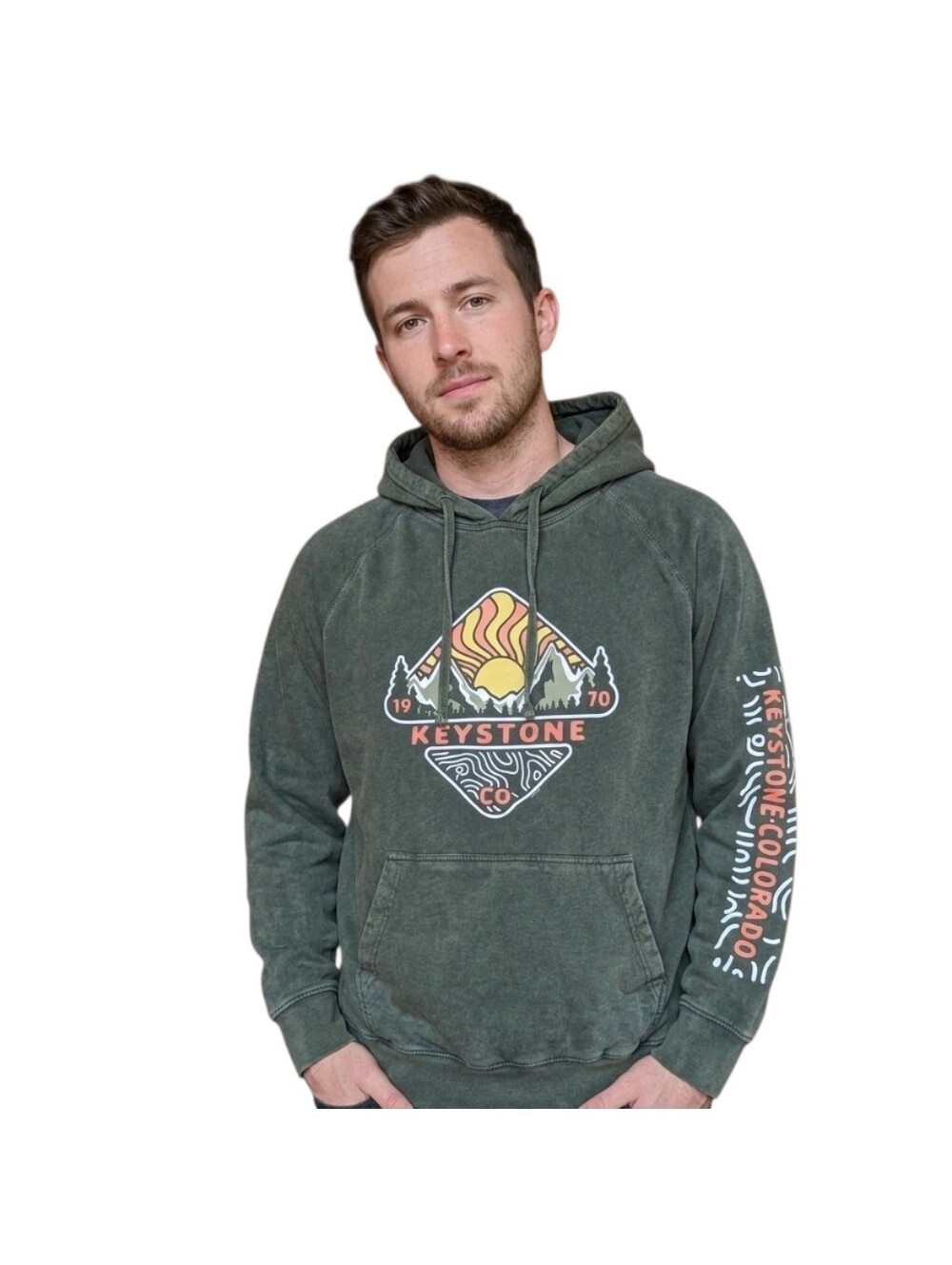 Lane Seven L/7 Green Acid Wash Keystone Colorado Graphic Hoodie Sweatshirt L
